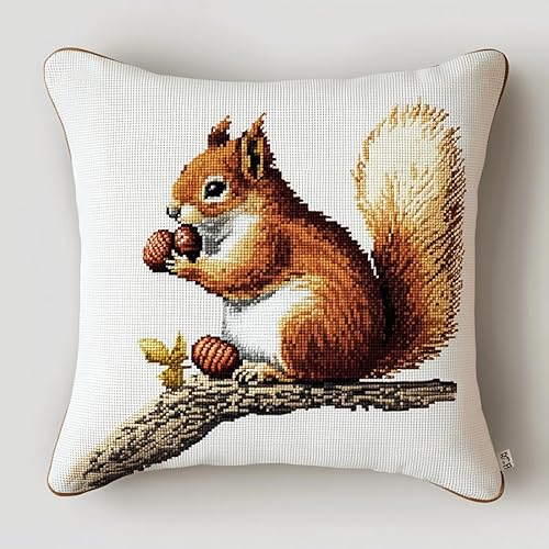 WallustrioaW Tier Cross Stitch Pillow Kit,Eichhörnchen auf Ast DIY Cushion Embroidery Kit 45x45cm Needlepoint Handmade Needlework Cushion Kit von WallustrioaW