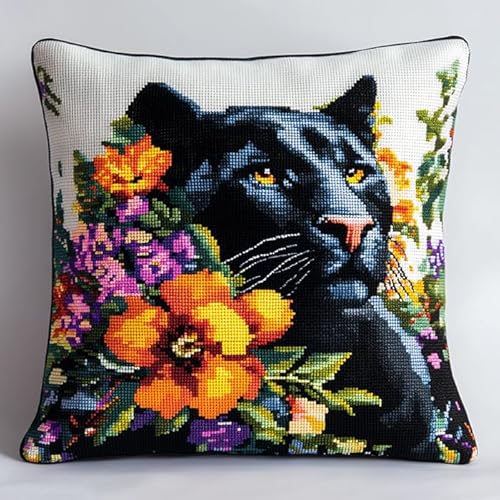 WallustrioaW Tier Cross Stitch Pillow Kit,Schwarzer Leopard und Blumen DIY Cushion Embroidery Kit 45x45cm Needlepoint Handmade Needlework Cushion Kit von WallustrioaW