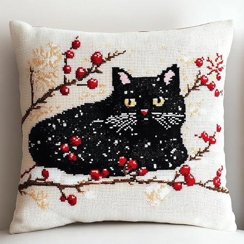 WallustrioaW Tier Cross Stitch Pillow Kit,schwarze Katze auf Pflaumenblütenzweig DIY Cushion Embroidery Kit 45x45cm Needlepoint Handmade Needlework Cushion Kit von WallustrioaW