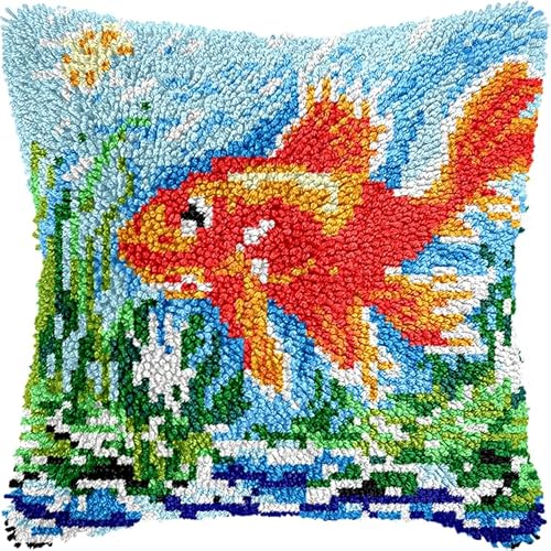 WallustrioaW Tier DIY-Kissenbezug Zum Basteln,roter Goldfisch,Knüpfhaken-Kissen-Set,Kissenbezug Zum Selbermachen Für Anfänger Und Erwachsene,Geschenke,43x43cm von WallustrioaW