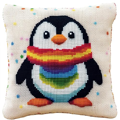 WallustrioaW Tier DIY Kreuzstichkissen,Pinguin trägt bunten Schal,Stickset,Kreuzstich Kissen zum Basteln Stickkissen Stickpackung mit Vorgedruckt Kreuzstichmotiv,45x45cm von WallustrioaW