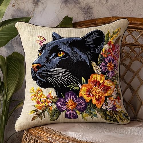 WallustrioaW Tier DIY Kreuzstichkissen,Schwarzer Leopard und Blumen,Stickset,Kreuzstich Kissen zum Basteln Stickkissen Stickpackung mit Vorgedruckt Kreuzstichmotiv,45x45cm von WallustrioaW