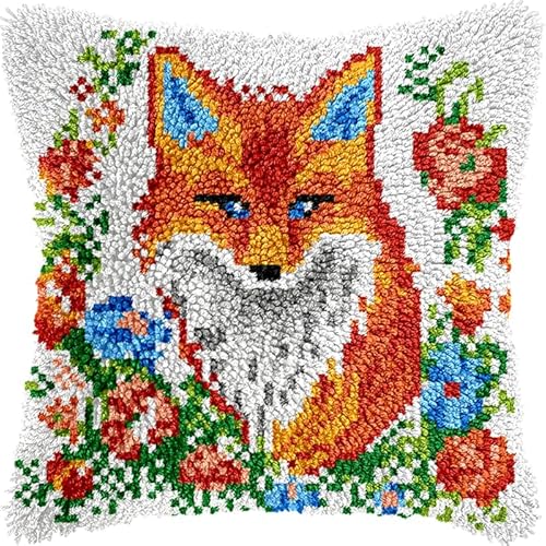 WallustrioaW Tier DIY Latch Hook Kit,Süßer Fuchs,Throw Cushion Cover,Carpet Knipfteppich Set,Knipfkissen mit Knipfhaken Sofakissen Kissen,43x43cm von WallustrioaW