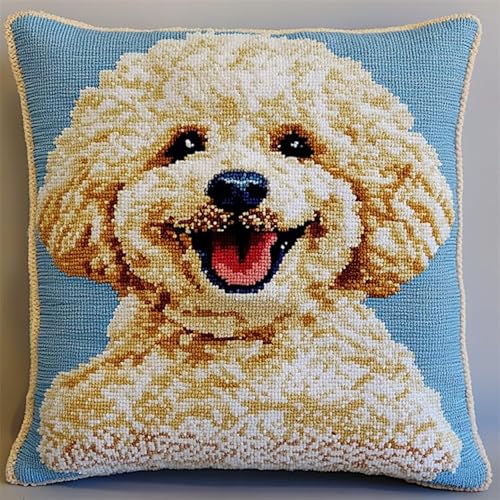 WallustrioaW Tier Hund DIY knüpfen set kissen,Lächelnder Pudel,knüpfhaken set Kissenbezug Häkelgarn Nadel Basteln,handgefertigtes Kissen für Zuhause,Sofa-Dekoration,43x43cm von WallustrioaW