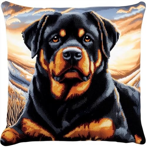 WallustrioaW Tier Hund Kreuzstichkissen Kreuzstichpackung,Rottweiler,Stickpackung,Kreuzstichkissen vorgedruckt,45x45cm,Sticksets Für Erwachsene,Anfänger von WallustrioaW