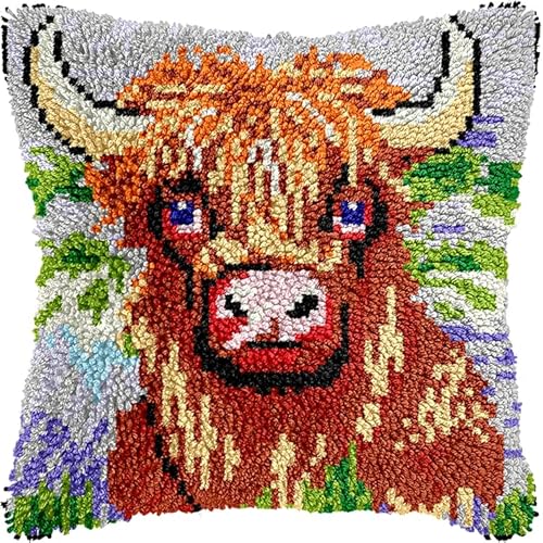 WallustrioaW Tier Kissen Knüpfen Kit,Hochlandrinder,Knüpfkissen Set Für Anfänger Erwachsene Oder Kinder Zum Selber Knüpfen,DIY Knüpfteppich Knüpfpackung,43x43cm von WallustrioaW