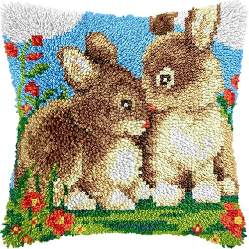 WallustrioaW Tier Kissen Knüpfen Kit,zwei Kaninchen,Knüpfkissen Set Für Anfänger Erwachsene Oder Kinder Zum Selber Knüpfen,DIY Knüpfteppich Knüpfpackung,43x43cm von WallustrioaW