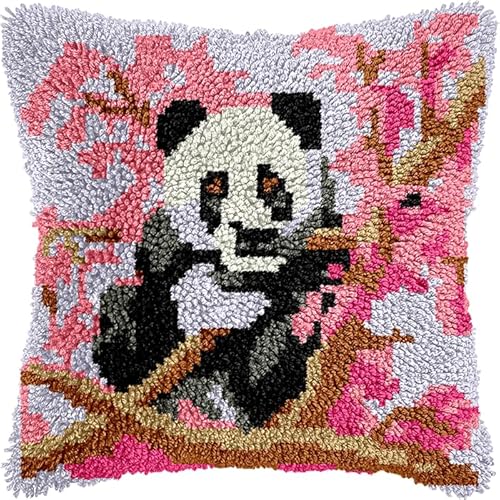 WallustrioaW Tier Knüpfen Kissen Set,Panda auf einem Ast,Latch Hook Kissen Kit Knüpfteppich Knüpfpackung Set,Sofakissenbezug Handgemachte Geschenke,43x43cm von WallustrioaW