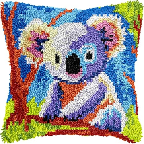 WallustrioaW Tier Knüpfhaken-Kissen-Set,Koala auf Ast,DIY-Kissenbezug Zum Basteln,Bedruckte Leinwand Für Anfänger,Kissenset Für Heimdekoration,43x43cm von WallustrioaW