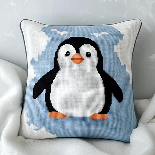 WallustrioaW Tier Knüpfhaken-Kissen-Set,süßer Pinguin,DIY-Kissenbezug Zum Basteln,Bedruckte Leinwand Für Anfänger,Kissenset Für Heimdekoration,43x43cm von WallustrioaW