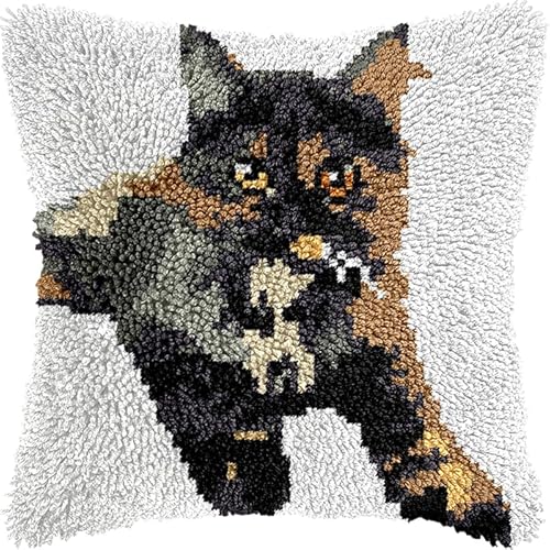 WallustrioaW Tier Knüpfhaken-Set,Eine schwarze Katze,Kissenbezug astelkissen,Häkelgarn Nadelarbeiten Stickerei,Kissenbezug Teppich Sofa Weihnachtsdekoration,43x43cm von WallustrioaW