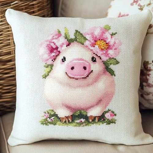 WallustrioaW Tier Knüpfkissen Set,Rosa Schwein mit Pfingstrosenblüten,Knüpfkissen Set für Anfänger Erwachsene oder Kinder zum Selber Knüpfen,DIY Knüpfteppich Knüpfpackung,43x43cm von WallustrioaW