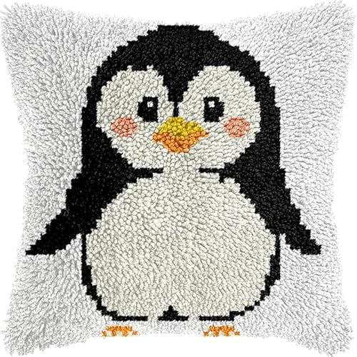 WallustrioaW Tier Knüpfkissen-Set,süßer Pinguin,für Kinder oder Anfänger Erwachsene zum Selber Knüpfen,DIY Knüpfteppich Knüpfpackung,Knüpfhaken Set,43x43cm von WallustrioaW