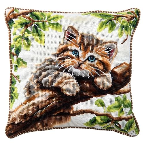 WallustrioaW Tier Kreuzstich Kissen,11CT Sticken Set,Katze auf Ast,Sticksets Für Erwachsene,Anfänger,Kreuzstichkissen/Stickkissen-Set,45x45cm von WallustrioaW