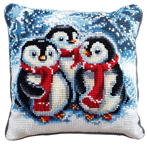 WallustrioaW Tier Kreuzstich Kissen,11CT Sticken Set,Pinguinfamilie,Sticksets Für Erwachsene,Anfänger,Kreuzstichkissen/Stickkissen-Set,45x45cm von WallustrioaW