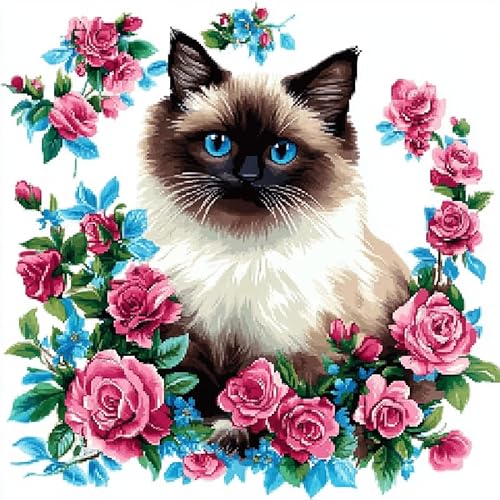 WallustrioaW Tier Kreuzstich Kissen Set,Ragdoll-Katze und Blumen,Stickset Kreuzstich Set Vorgedruckt,Kissen 45x45cm stickset anfänger,Heimdekoration von WallustrioaW