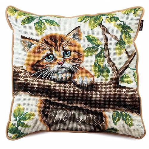 WallustrioaW Tier Kreuzstichkissen,Katze auf Ast,Kreuzstickpackung vorgedruckt Sticksets Für Erwachsene,Anfänger,45x45cm Kreuzstichkissen/Stickkissen-Set von WallustrioaW