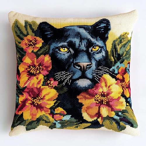 WallustrioaW Tier Kreuzstichkissen Kreuzstichpackung,Schwarzer Leopard und Blumen,Stickpackung,Kreuzstichkissen vorgedruckt,45x45cm,Sticksets Für Erwachsene,Anfänger von WallustrioaW