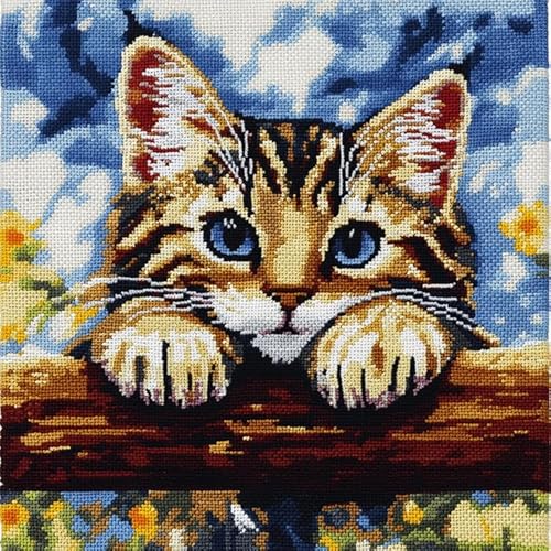 WallustrioaW Tier Latch Hook Cushion Kits for Beginners Adults,Katze liegt auf dem Zaun,DIY Latch Rug Sets,Cushion Cover,Carpet Embroidery Set,Crochet Pre-Printed Pattern,43x43cm von WallustrioaW