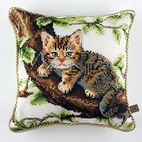 WallustrioaW Tier Sticken Set Kreuzstich Kissen,Katze auf Ast,Kreuzstich-Sets Für Erwachsene,Stick-Sets,DIY-Handarbeit,Kissen-Sets,Heimdekoration 45x45cm von WallustrioaW