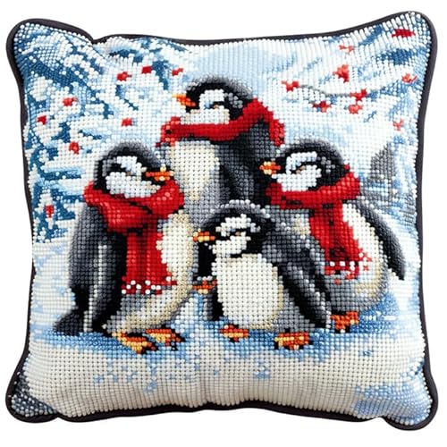 WallustrioaW Tier Sticken Set Kreuzstich Kissen,Pinguinfamilie,Kreuzstich-Sets Für Erwachsene,Stick-Sets,DIY-Handarbeit,Kissen-Sets,Heimdekoration 45x45cm von WallustrioaW