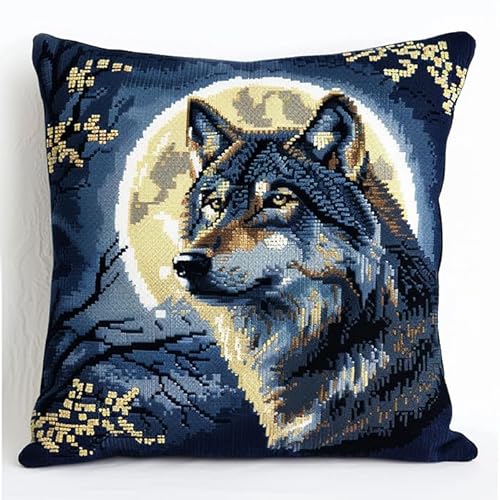 WallustrioaW Tier Wolf Kreuzstichkissen,Nachtansicht des Himmels,Kreuzstickpackung vorgedruckt Sticksets Für Erwachsene,Anfänger,45x45cm Kreuzstichkissen/Stickkissen-Set von WallustrioaW