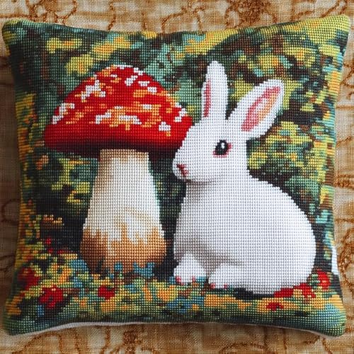 WallustrioaW Tier cross stitch cushion Kit for Adult Beginner,Kaninchen und Pilz Cushion Needlework Kit with Embroidery Pattern on Cotton Canvas Holiday,Gift Kits 18x18in von WallustrioaW