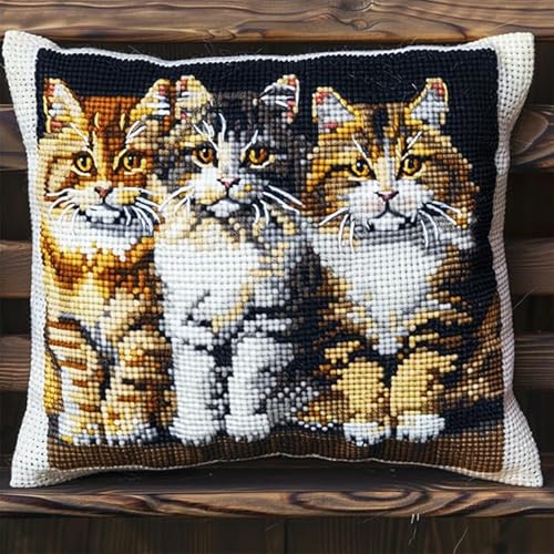 WallustrioaW Tier cross stitch cushion Kit for Adult Beginner,Süße Katzenfamilie Cushion Needlework Kit with Embroidery Pattern on Cotton Canvas Holiday,Gift Kits 18x18in von WallustrioaW