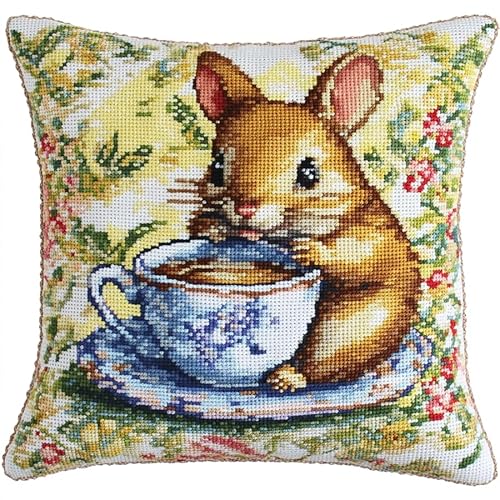 WallustrioaW Tier cross stitch cushion Kit for Adult Beginner,Süße Maus trinkt Tee Cushion Needlework Kit with Embroidery Pattern on Cotton Canvas Holiday,Gift Kits 18x18in von WallustrioaW