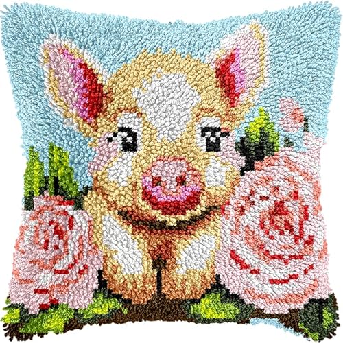 WallustrioaW Tier knüpfteppiche & knüpfkissen Kissenbezug,süßes rosa Schwein,Choices Knüpfteppich Zum Selber Knüpf-Sets mit Kissen knüpfen-Set,43x43cm von WallustrioaW