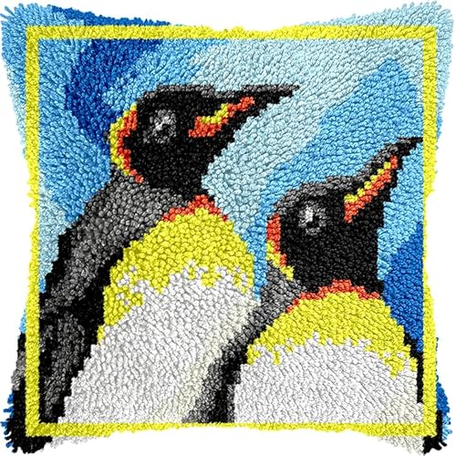 WallustrioaW Tier kreuzstich knüpfen kissen set,zwei Pinguine,Set Latch Hook Kissen Kit Knüpfteppich Knüpfpackung,Sofakissenbezug Handgemachte Geschenke,43x43cm von WallustrioaW