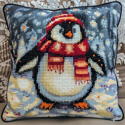 WallustrioaW Tiere Kreuzstich Kissen Set,süßer Pinguin,Stickset Kreuzstich Set Vorgedruckt,Kissen 45x45cm stickset anfänger,Heimdekoration von WallustrioaW