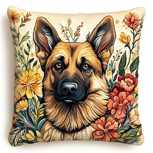 WallustrioaW Tierhund Cross Stitch Pillow Kit,Deutscher Schäferhund und Blumen DIY Cushion Embroidery Kit 45x45cm Needlepoint Handmade Needlework Cushion Kit von WallustrioaW