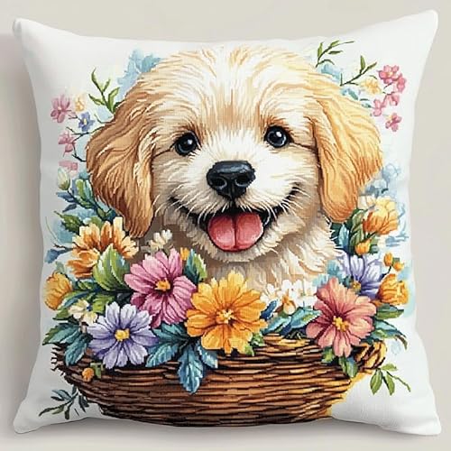 WallustrioaW Tierhund Cross Stitch Pillow Kit,Welpe im Blumenkorb DIY Cushion Embroidery Kit 45x45cm Needlepoint Handmade Needlework Cushion Kit von WallustrioaW