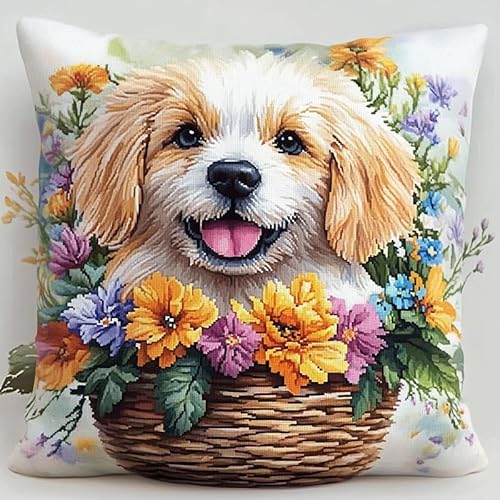 WallustrioaW Tierhund DIY Kreuzstichkissen,Welpe im Blumenkorb,Stickset,Kreuzstich Kissen zum Basteln Stickkissen Stickpackung mit Vorgedruckt Kreuzstichmotiv,45x45cm von WallustrioaW