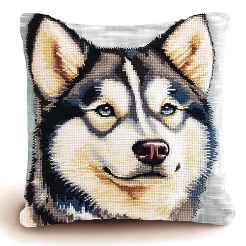 WallustrioaW Tierhund DIY Kreuzstichkissen,heiser,Stickset,Kreuzstich Kissen zum Basteln Stickkissen Stickpackung mit Vorgedruckt Kreuzstichmotiv,45x45cm von WallustrioaW