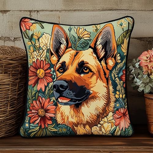 WallustrioaW Tierhund Kreuzstich Kissen Set,Deutscher Schäferhund und Blumen,Stickset Kreuzstich Set Vorgedruckt,Kissen 45x45cm stickset anfänger,Heimdekoration von WallustrioaW