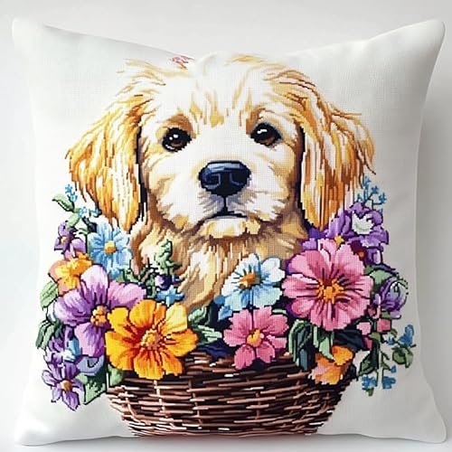 WallustrioaW Tierhund Kreuzstich Kissen Set,Welpe im Blumenkorb,DIY Kreuzstichkissen,Kreuzstich,Handarbeiten Stickerei,Heim-Bastelsets,Sofa-Dekoration,45x45cm von WallustrioaW