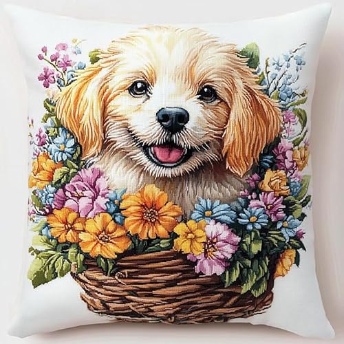 WallustrioaW Tierhund Kreuzstich Kissen Set,Welpe im Blumenkorb,Stickset Kreuzstich Set Vorgedruckt,Kissen 45x45cm stickset anfänger,Heimdekoration von WallustrioaW