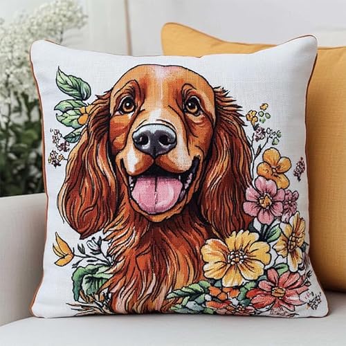 WallustrioaW Tierhund Kreuzstichkissen,Charles Spaniel-Blume,Stickbild vorgezeichnet Kreuzstichpackung Kissen,11CT Sticken Set,Bastelsets Handstickerei-DIY,45x45cm von WallustrioaW