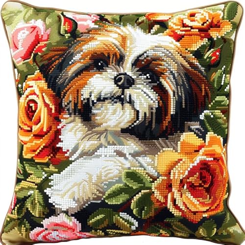 WallustrioaW Tierhund Kreuzstichkissen,Shih Tzu Hund und Blumen,Stickbild vorgezeichnet Kreuzstichpackung Kissen,11CT Sticken Set,Bastelsets Handstickerei-DIY,45x45cm von WallustrioaW