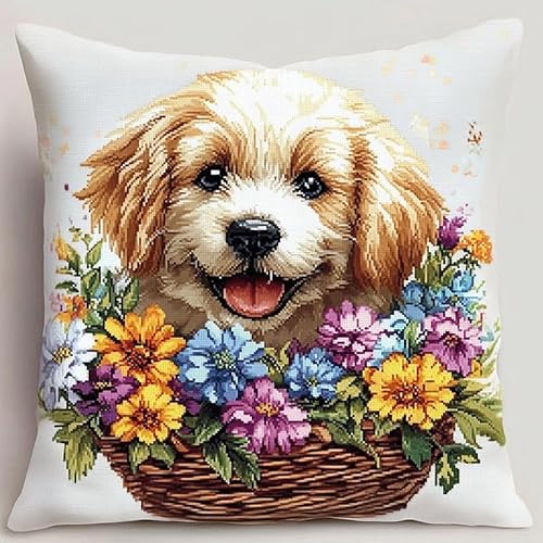 WallustrioaW Tierhund Kreuzstichkissen,Welpe im Blumenkorb,Kreuzstickpackung vorgedruckt Sticksets Für Erwachsene,Anfänger,45x45cm Kreuzstichkissen/Stickkissen-Set von WallustrioaW