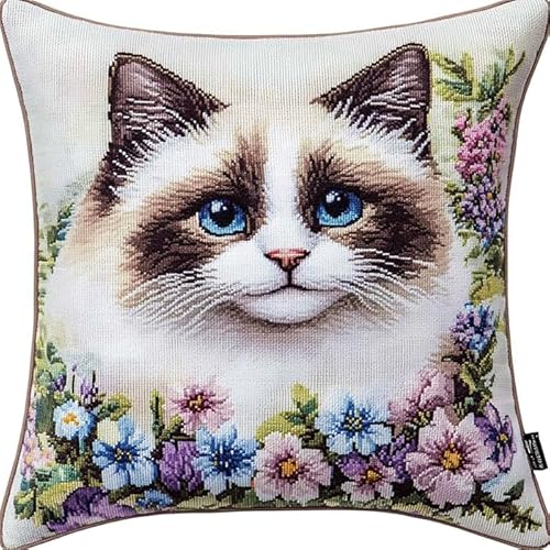 WallustrioaW Tierkatze Sticken Set Kreuzstich Kissen Kreuzstich-Set,Bunte Blumen und Katzen,Stickerei-Starter-Set,DIY-Bastelset Für Erwachsene Zum Sticken,45x45cm von WallustrioaW