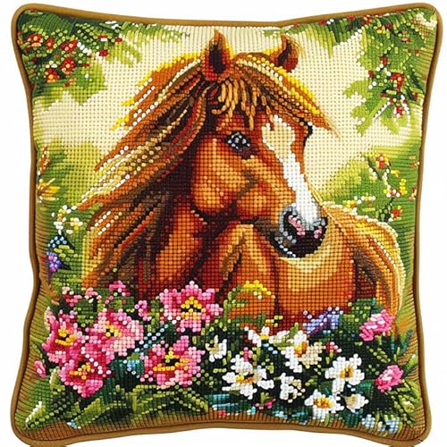 WallustrioaW Tierpferd Kreuzstichkissen Kreuzstichpackung,leuchtende Blumen,Stickpackung,Kreuzstichkissen vorgedruckt,45x45cm,Sticksets Für Erwachsene,Anfänger von WallustrioaW