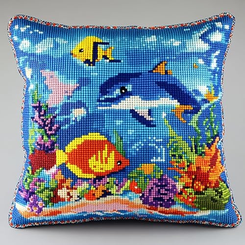 WallustrioaW Unterwasserlandschaft Cross Stitch Pillow Kit,Bunte Delfinfischkoralle DIY Cushion Embroidery Kit 45x45cm Needlepoint Handmade Needlework Cushion Kit von WallustrioaW