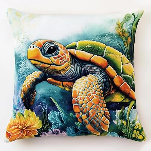 WallustrioaW Unterwasserlandschaft Cross Stitch Pillow Kit,Tierschildkröte DIY Cushion Embroidery Kit 45x45cm Needlepoint Handmade Needlework Cushion Kit von WallustrioaW