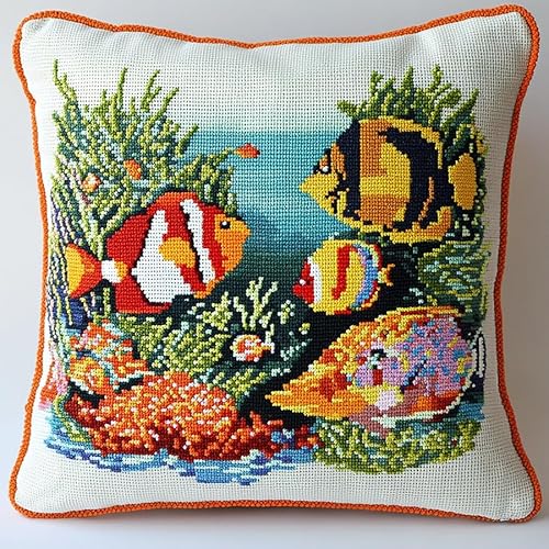 WallustrioaW Unterwasserlandschaft Cross Stitch Pillow Kit,tropische bunte Fische DIY Cushion Embroidery Kit 45x45cm Needlepoint Handmade Needlework Cushion Kit von WallustrioaW