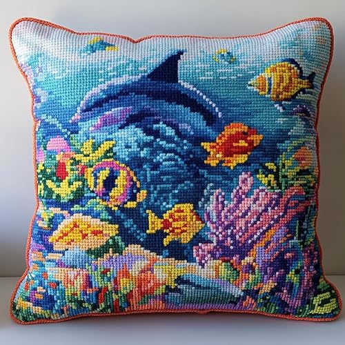 WallustrioaW Unterwasserlandschaft Kreuzstich Kissen Set,Bunte Delfinfischkoralle,DIY Kreuzstichkissen,Kreuzstich,Handarbeiten Stickerei,Heim-Bastelsets,Sofa-Dekoration,45x45cm von WallustrioaW