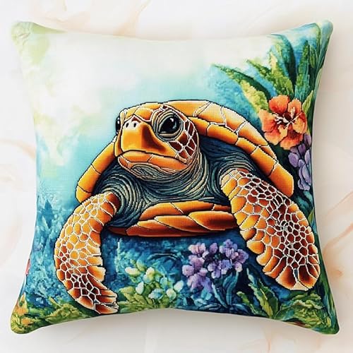 WallustrioaW Unterwasserlandschaft Kreuzstich Kissen Set,Tierschildkröte,DIY Kreuzstichkissen,Kreuzstich,Handarbeiten Stickerei,Heim-Bastelsets,Sofa-Dekoration,45x45cm von WallustrioaW