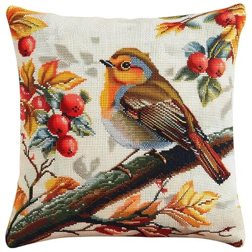 WallustrioaW Vogel auf Ast 11CT Stickset Kissenbezug,Rotkehlchen,Kreuzstich-Set,45x45cm,Leinwand-Stickset Für Anfänger,Für Wohnzimmer,Schlafzimmer Dekoration von WallustrioaW